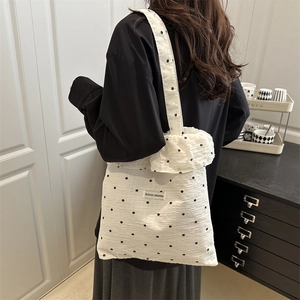 Sweet white chiffon tote bag with black floral print and ruffled edges for women
