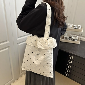 Summer chic white chiffon tote bag with black polka dots and ruffle trim edges