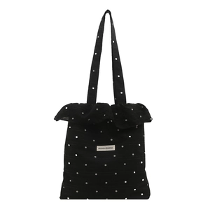 Black floral tote bag with white flower embroidery and ruffled edge for daily wear