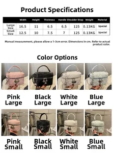 Size chart for quilted chain bag showing dimensions for large and small versions