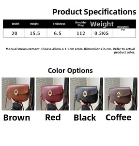 Detailed spec sheet showing PU leather bag dimensions 20x15.5x6.5cm in four classic colors