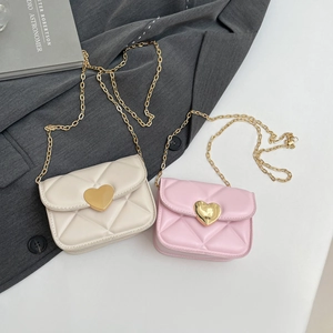 Mini quilted leather crossbody bags in cream and pink with gold heart lock and chain strap