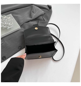 Detail view of the black rectangular handbag interior with magnetic metal closure