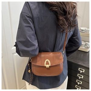 Detail of a brown crossbody bag with a gold horseshoe clasp and striped silk scarf charm