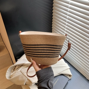 Women French Minimalist Straw Woven Bucket Bag Striped Small Crossbody Shoulder Bag PU Strap Summer Vacation Purse