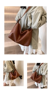 Detail showing the brown faux leather tote bag on a model to display size and fit