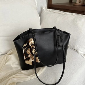 Retro Large Capacity Tote Bag Women Faux Leather Shoulder Bag With Satin Scarf Decor White Stitching Commuter Handbag