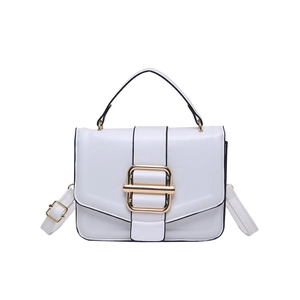 White minimalist square handbag with gold metal clasp and adjustable shoulder strap