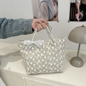 Woven Tote Bag Floral Embroidery Lace Butterfly Bow Large Capacity Shoulder Handbag Summer Beach Casual For Women