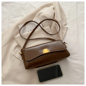 Detail of dark brown glossy leather crossbody bag with gold buckle and smooth texture