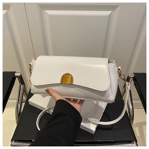 Detailed shot of white rectangular shoulder bag with vintage gold metal buckle