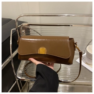 Detail of dark brown leather handbag with vintage gold semi-circle buckle clasp