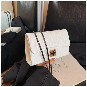 Détail du petit sac blanc carré avec boucle trèfle et bandoulière en chaîne grise