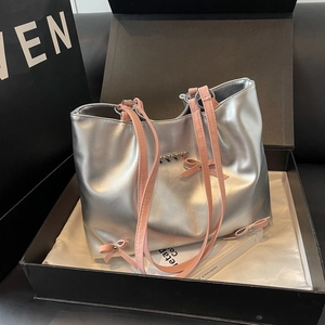 Women PU Leather Tote Bag Bow Ribbon Heart Rivets Large Capacity Shoulder Handbag Korean Fashion Balletcore Style