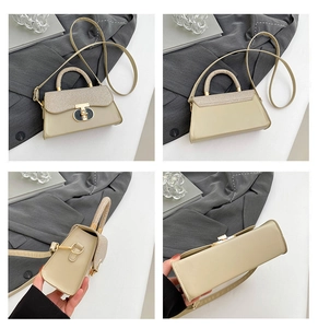 Detail view showing four angles of a beige PU leather crossbody bag with metallic ring lock