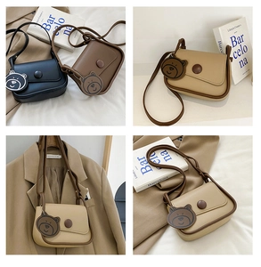 Detailed views of minimalist crossbody bags in black, brown and beige with bear charm