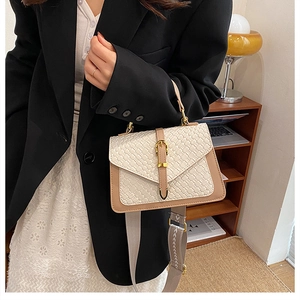 Detail of beige textured woven crossbody bag featuring gold hardware and jacquard strap