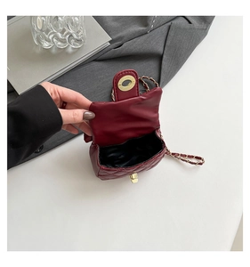 Detailed interior of a small burgundy quilted chain bag with gold hardware and lining
