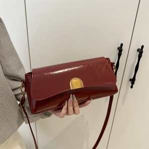 Women Baguette Shoulder Bag Glossy PU Leather Vintage Gold Buckle Flap Crossbody Handbag Underarm Purse