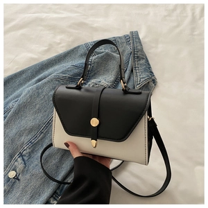 Détail d'un sac à main bicolore montrant le fermoir doré et le grain du cuir