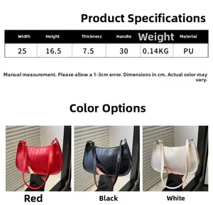 Detailed size specifications for the crocodile pattern shoulder bag in white black and red