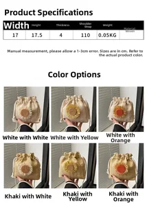 Detailed size chart and multi-color options for sunflower straw bucket bags