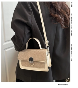 Detail of glitter sequins and silver twist lock on beige fashion underarm bag