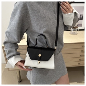 Détail d'un sac bandoulière élégant noir et blanc avec boucle en métal doré et texture cuir