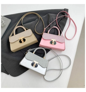 Three elegant small square handbags with glitter covers and gold T-lock in various colors