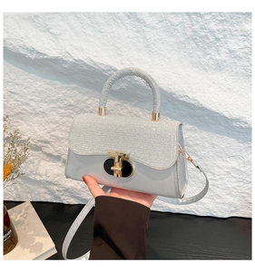 Detail of silver handbag featuring a diamond-encrusted top handle and round gold clasp lock