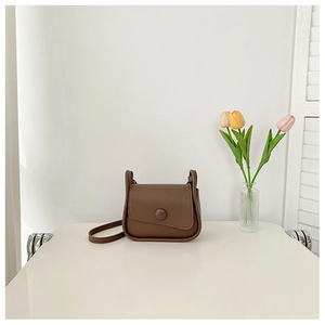 Detail of a dark brown minimalist square crossbody bag with a circular snap fastener