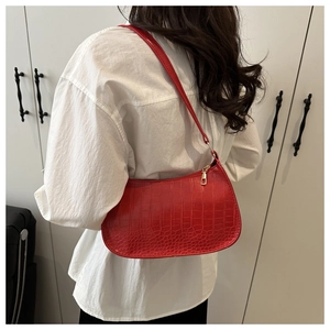 Red crocodile pattern baguette bag with gold zipper shown on model's shoulder back view