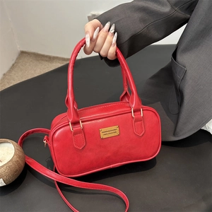 Women PU Leather Crossbody Bag Vintage Bowling Handbag With Gold Metal Plate Adjustable Strap Trendy Daily Use