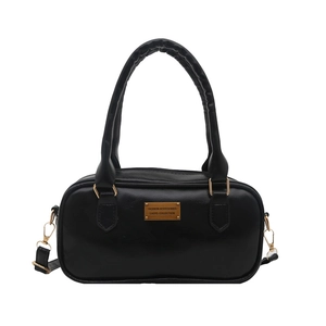 Classic black PU leather bowling bag for women with gold hardware and top handles