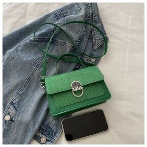 Detail of green leather patchwork crossbody bag with silver buckle and phone for scale