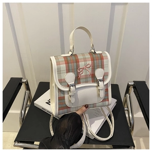 Plaid mini backpack with pink bow embroidery and orange-green tartan pattern
