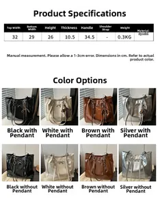 Size chart for French design shoulder bag showing dimensions and stylish color options