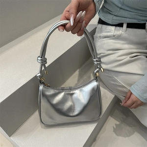 Women Underarm Bag PU Leather Shiny Patent Hobo Shoulder Purse With Knot Strap Gold Hardware Zipper Closure Fashion