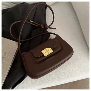 Detail of dark brown baguette bag featuring a gold cross-hatch metal clasp and knotted strap