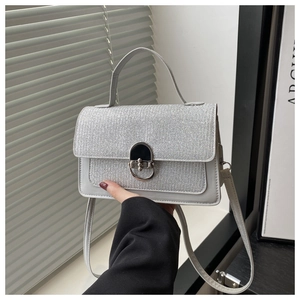 Detail of silver shimmer flap and oval metallic twist lock on the crossbody bag