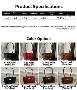 Detailed spec sheet showing PU leather tote bag sizes, weight, and color options