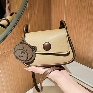 Women Crossbody Bag PU Leather Small Square Flap Magnetic Buckle Adjustable Strap Contrast Color With Bear Charm