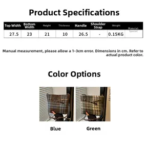 Size chart showing dimensions for a vintage plaid bucket bag with blue and green options