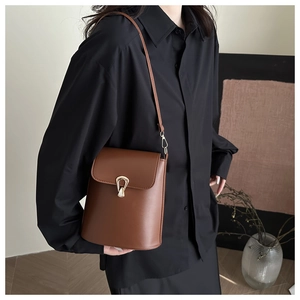 Detail view of brown leather bucket bag with gold horseshoe buckle on shoulder strap