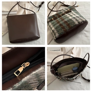 Detailed views of checkered wool bucket bag showing interior space and golden hardware