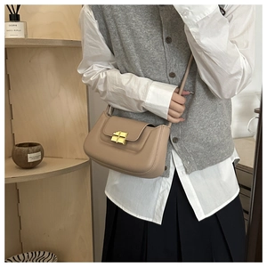Detail view of a beige baguette crossbody bag with a golden rectangular twist-lock buckle