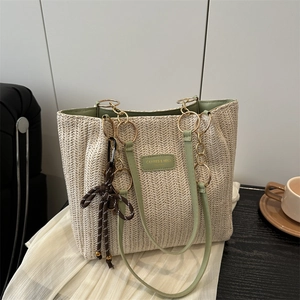 Women Large Capacity Straw Woven Tote Bag Summer Vacation Shoulder Handbag With Chain Handle And Leather Trim Fashion
