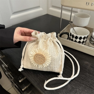 Sac Seau Tissé Tournesol Été Plage Paille Cordon Bandoulière Style Pastoral Pour Femmes