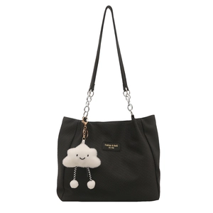 Black high-capacity chain tote bag with silver hardware and plush cloud charm