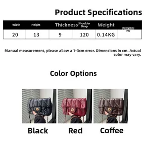 Size chart and dimensions for quilted chain bag with detailed PU material specifications